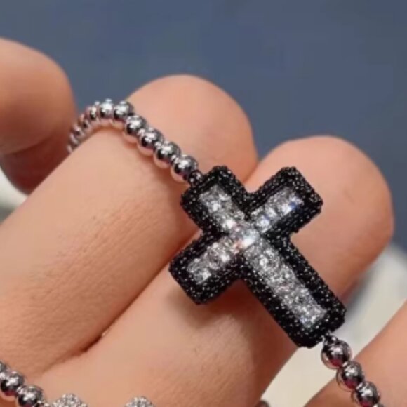 APM Monaco Black Pavé Cross Adjustable Necklace with Beads - Picture 4 of 5